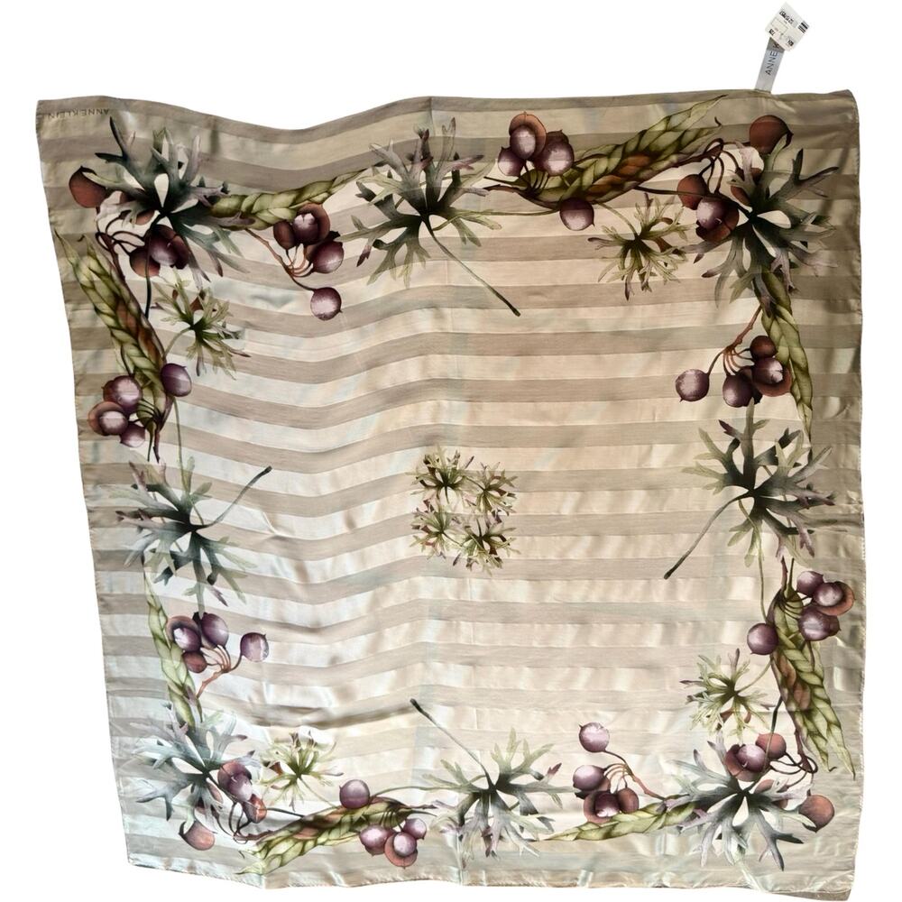 Vintage Anne Klein 1990s Silk Ivory Striped Pomegranate Scarf NWT 34x34 - Picture 2 of 11